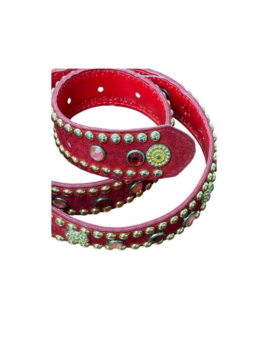 Gail Labelle Accessories - 1990s bejeweled leather suede belt red with gold buckle by Gail Labelle Size S